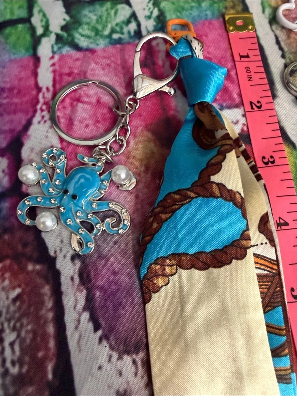 Silk-Inspired Blue & Pink Scarf Keychain Set - Decorative Rope Print